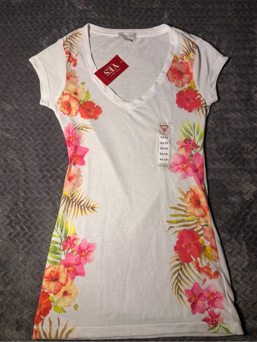 GUESS White Tee with Pink & Coral Floral Side Panels